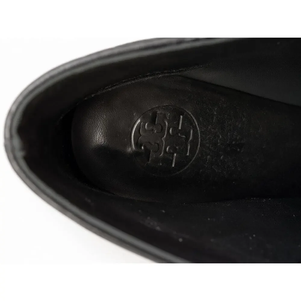 Tory Burch Black Croc Embossed Patent Platform Ankle Boots Size 6.5 Gold Logo